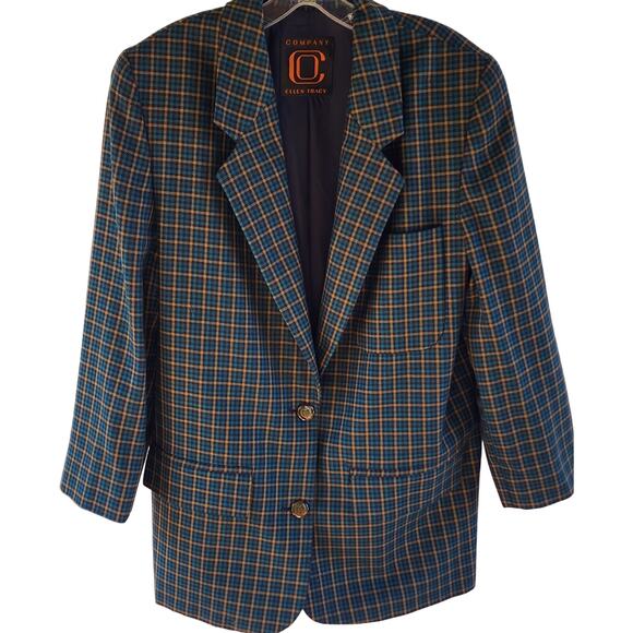 Ellen Tracy VTG Wool Blazer Jacket 6 Navy Chartreuse Micro Tartan Plaid Classic - Picture 2 of 10